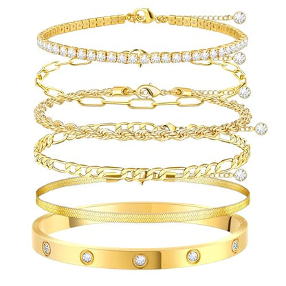 MOINSPIRE Bracelets for Women Non Tarnish, Dainty 18K Gold Plated Bracelets Stack Trendy Waterproof Stackable Bangles, Cuban Link Paperclip Chain Jewelry Set Fashion Accessories Gifts for Women - color: A2--Gold Tennis Ball+Bracelet