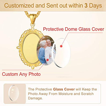Custom4U Personalized Photo Necklace - Custom Heart/Oval/Round Charm Necklaces with Picture + Chain Adjustable - Stainless Steel/Acrylic Pendant Memorial Jewelry Christmas Gifts for Women - color: E-Gold Color