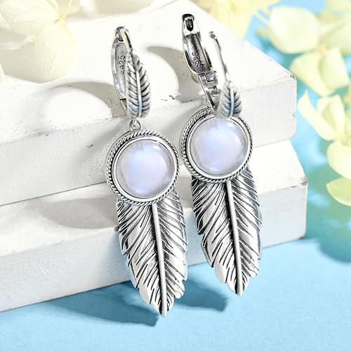 AVECON Feather Earrings for Women with 10mm Round Moss Agate/Moonstone/Mother of Pearl 925 Sterling Silver Dangle Earrings Lever Back Drop Earrings Jewelry Gifts for Her