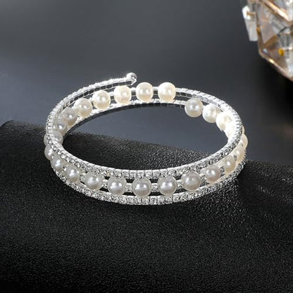 Pearl Stretch Cuff Bracelet for Women Adjustable Multilaye Rhinestone Crystal Bracelet Wedding Party Brides Bridesmaid Jewelry - color: Silver Style