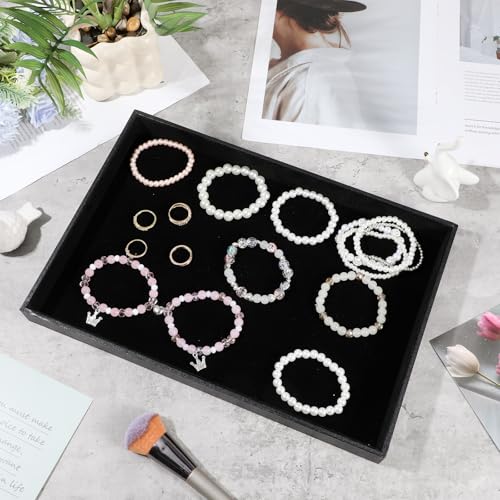 2 Pack Black Velvet Stackable Jewelry Tray Showcase Display Stackable Necklace Bracelet Ring Showcase Display Empty Plate