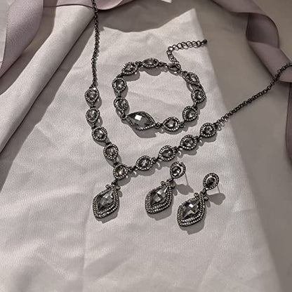 EVER FAITH Bridal Wedding Crystal Marquise Teardrop Pendant Necklace Earrings Bracelet Set for Prom - color: Grey Black-Tone