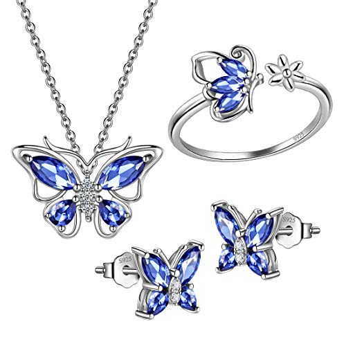 925 Sterling Silver Birthstone Butterfly Jewelry Women Crystal Animal Cute Butterflies Birthday Necklace/Earring/Ring/Bracelet Sets Birth Stone Statement Anniversary Jewellery - color: 2-L.December-Tanzanite