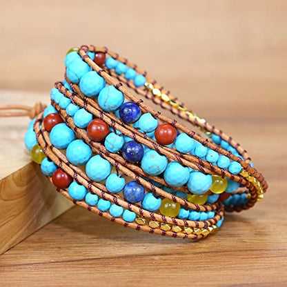 Boho Wrap Bead Bracelet for Women - Handmade Adjustable Natural Stone Beaded Bracelets Yoga Healing Bracelet Bangle Hippie Jewelry - color: Turquoise