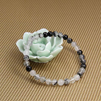 Angelstones Gemstones 6mm Round Beads Healing Crystal Bracelet for women | Natural Gemstone, Handmade Gifts for Women, Healing Crystal Round Beaded Stretch Bracelets, Unisex Jewelry for Women and Men - color: Black Rutilated Quartz