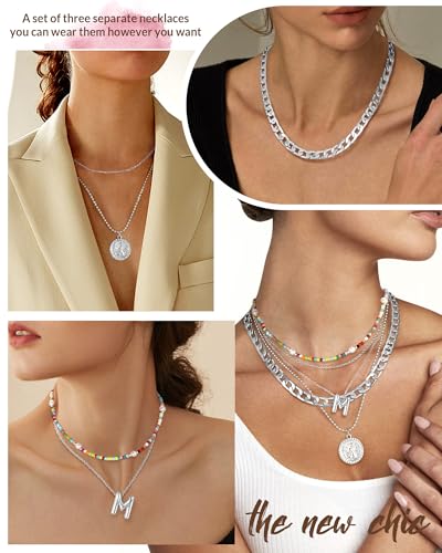 MJartoria Layered Necklaces for Women Trendy Balloon Initial Pendant Necklace Dainty Chunky Chain Beaded Choker Necklaces Jewelry Birthday Gifts - color: Silver, style: M