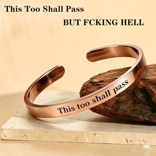 This Too Shall Pass But F*cking Hell Mantra Cuff Bracelets, Stainless Steel Inspirational Cuff Bracelets with Hidden Message Engraved Bracelet Open Adjustable Self-Reminder Bangle Motivational Jewelry for Women - color: Arrow Rose Gold