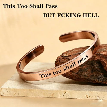 This Too Shall Pass But F*cking Hell Mantra Cuff Bracelets, Stainless Steel Inspirational Cuff Bracelets with Hidden Message Engraved Bracelet Open Adjustable Self-Reminder Bangle Motivational Jewelry for Women - color: Arrow Rose Gold