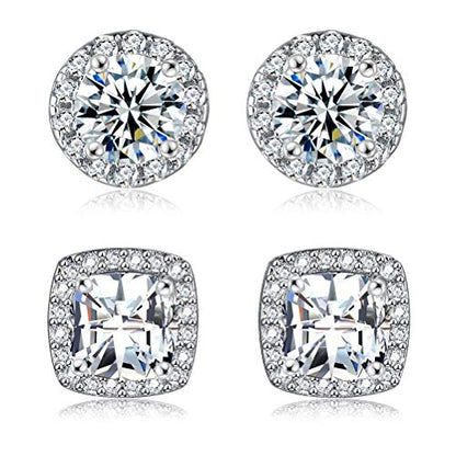 18K White Gold Plated Round Square Cubic Zirconia Simulated Diamond Halo Stud Earrings 2 pairs Set - color: White Gold