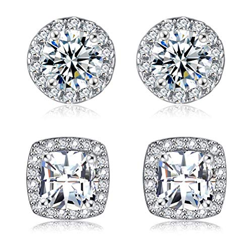 18K White Gold Plated Round Square Cubic Zirconia Simulated Diamond Halo Stud Earrings 2 pairs Set - color: White Gold