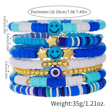 Friendship Bracelets for Women - Heishi Surfer Colorful Smile Evil Eye Clay Beaded Stretch Bracelets Elastic Layering - Stackable Boho Disc Y2K Aesthetic Summer Jewelry Set. - color: Smile-7pc-Blue