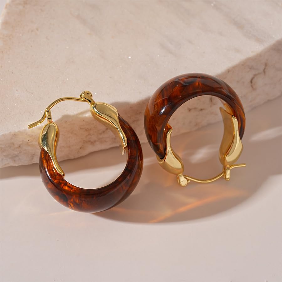 Acrylic Hoop Earrings for Women Trendy 14k Gold Plated Resin Hoop Earring Chunky Statement Hypoallergenic Hoops Earring Jewelry Gift