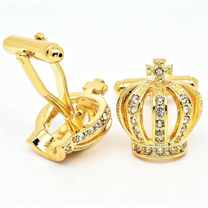 Golden Royal Crown Mens Cufflinks with Crystals In Gift Case | Novelty Style Cuff Links for Men Women Jewelry for Wedding Party Daily Office Formal or Casual Wear Business Tuxedo Dress