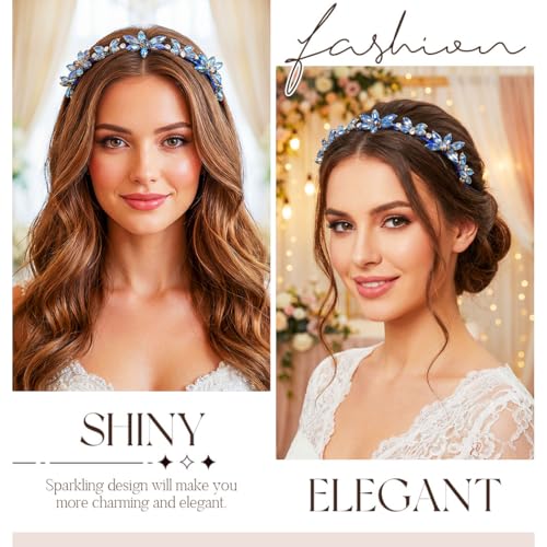 Campsis Blue Crystal Floral Hair Band Bridal Rhinestone Headband for Women | Sapphire Hair Band Jeweled Sparkly Headpiece Prom Banquet Hair Accessory