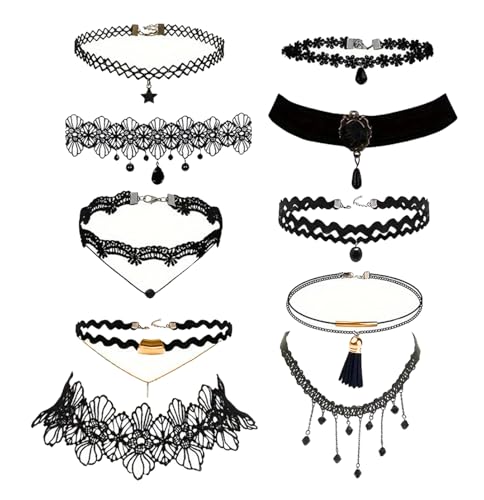 10 PCS Adjustable Layered Velvet Choker Black Gothic Lace Choker Necklace Set for Women Necklaces Velvet Punk Jewelry Accessories Soft Collar Chain for Party Cosplay Daily Wear