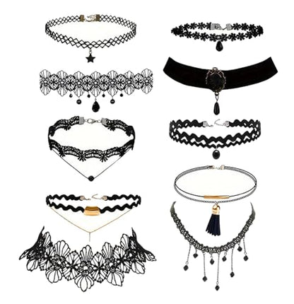 10 PCS Adjustable Layered Velvet Choker Black Gothic Lace Choker Necklace Set for Women Necklaces Velvet Punk Jewelry Accessories Soft Collar Chain for Party Cosplay Daily Wear