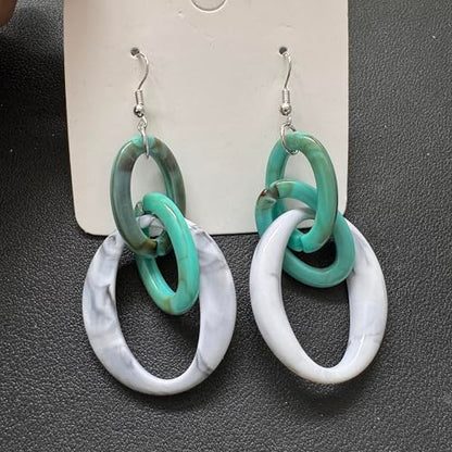 Bohemian Simplicity Acrylic Geometry Oval Circle Dangle Drop Earrings Lightweight Resin Chain Hook Earrings For Women - color: Blue White