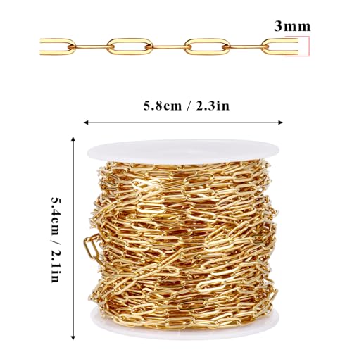 33FT Stainless Steel Paperclip Chains 3mm Gold Chain for Jewelry Making | 18K Gold PVD Plated Oval Link Chain Roll Bulk for Necklace Bracelet Crafts - color: 18k gold(3mm)