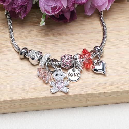 DS Charm Bracelets for Girls Adjustable Silver Stainless Steel Gift Box | Cute Cartoon Charms,Friendship Jewelry,Birthday Gifts,Teen Kid Fit, Tarnish Resistant,Stackable Trendy Daily Wear - style: Silver-bear