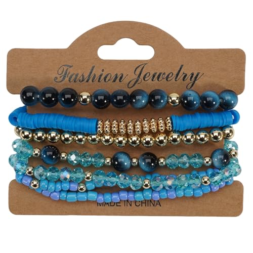 7Pcs Bohemia Multilayer Stackable Crystal Beaded Bracelet Set Multicolor Surfer Heishi Clay Gold Beaded Friendship Stretch Bracelets for Women Men Summer Beach Boho Vacation Jewelry Gifts - color: Blue