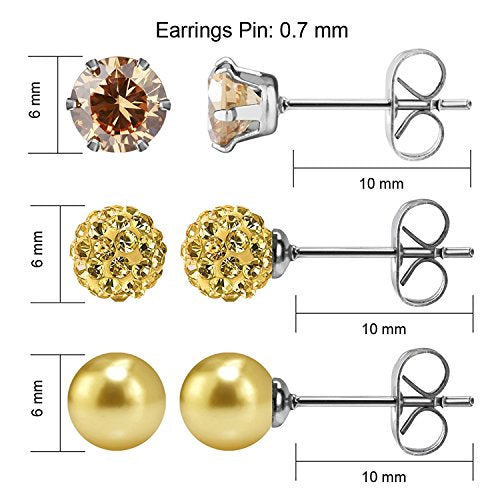 JewelrieShop Birthstone Studs Earring Set Cubic Zirconia Rhinestones Crystal Ball Faux Pearl Stainless Steel Stud Earrings for Women Jewelry Gift (6mm Round,3 Pairs) - color: 6) June. - Champagne