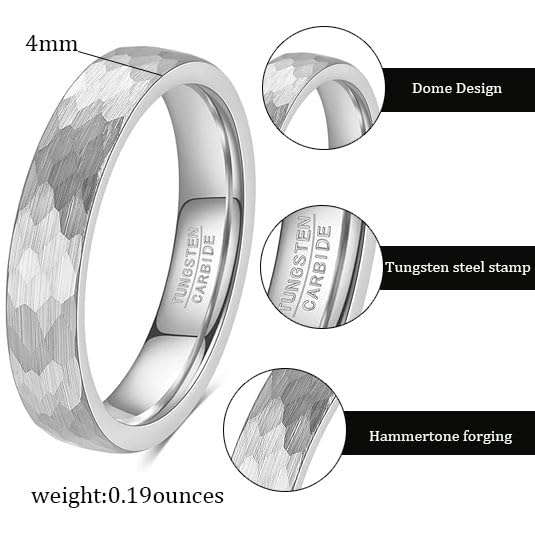 4-6mm Hammered Tungsten Wedding Band Matte for Men and Women | Matte Brushed Finish, Scratch and Fade Resistant, Engraved Faceted Pattern, Dome Profile, 4mm/6mm/8mm, Sizes 6–12 - color: 4mm Hammered Silver