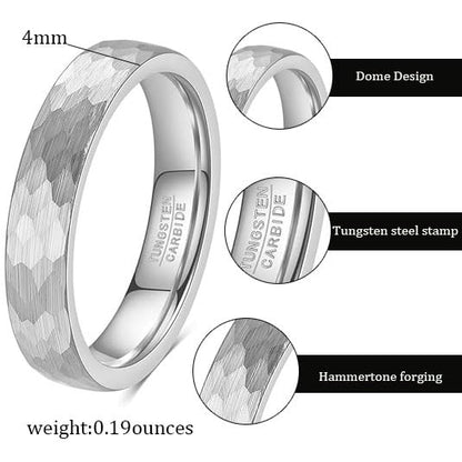 4-6mm Hammered Tungsten Wedding Band Matte for Men and Women | Matte Brushed Finish, Scratch and Fade Resistant, Engraved Faceted Pattern, Dome Profile, 4mm/6mm/8mm, Sizes 6–12 - color: 4mm Hammered Silver