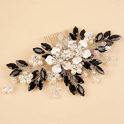 Kercisbeauty Black Crystal Silver Hair Comb Wedding Bridal Hair Accessories with Rhinestones Shiny Handmade Jewelry for Women (Black) - color: Black