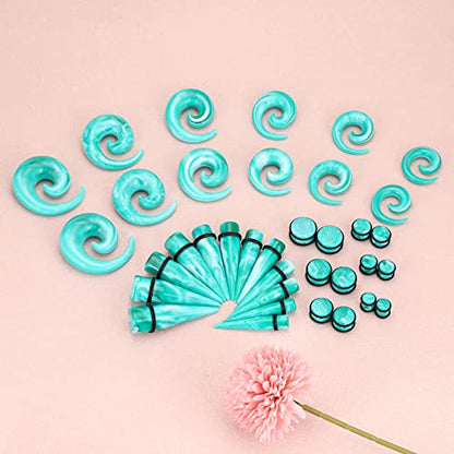 Qmcandy 00G-20mm Ear Stretching Kit 36PCS Big Gauge Taper Kit Large Acrylic Tunnel Plug Spiral Set - color: 36pcs, Turquoise White