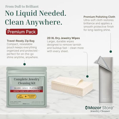 Silver Jewelry Cleaner Wipes + Large Polishing Cloth Kit | 20 Tarnish Remover Dry Disposable Wipes | Instant Shine, No Rinse | Restore Brilliance for Silver, Gold & Platinum Jewelry, Silverware & Watches