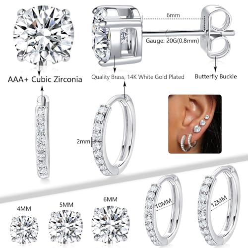 White Gold Earrings for Women Men Hoop and Stud Earring Set | Hypoallergenic 14K White Gold Plated Hoops Huggie Stud Earrings Set Round Cubic Zirconia Ear Jewelry - style: A1-White Gold-Hoop&Round Stud (5 Pairs)
