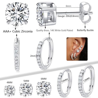White Gold Earrings for Women Men Hoop and Stud Earring Set | Hypoallergenic 14K White Gold Plated Hoops Huggie Stud Earrings Set Round Cubic Zirconia Ear Jewelry - style: A1-White Gold-Hoop&Round Stud (5 Pairs)