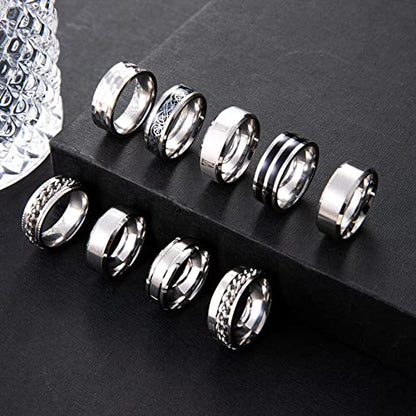9Pcs Stainless Steel Band Rings for Men Women Fidget Anxiety Relief Rings Spinner Ring Wedding Promise Rings Set - color: Silver