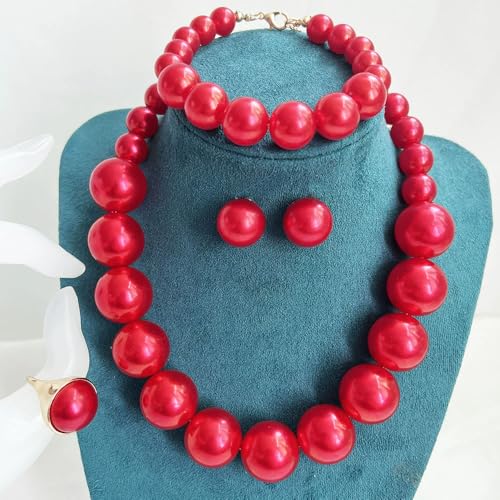 xuzhiyuan Statement Pearl Jewelry Set for Women - Includes Necklace, Bracelet, Earrings, and Ring | Colorful Faux Pearl Fashion Jewelry Set for Party, Wedding, Daily Wear - color: Red