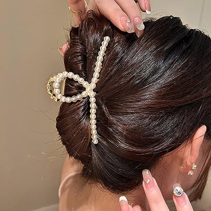 Metal Hair Clips Imitation Pearl Rhinestone Non Slip Hair Claw Clamps Barrettes Decorations for Thin Thick Hair, Crystal Bow Hairpin for Women Ladies(2 Pack)