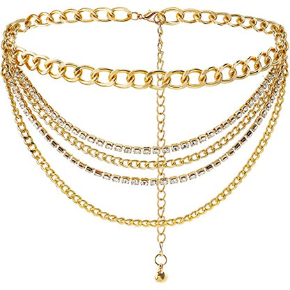 Suyi Multilayer Chain Belt Rhinestone Metal Chain Belts for Women Punk Gold Waist Chain - color: Gold, size: M: 110 CM
