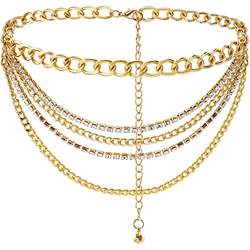 Suyi Multilayer Chain Belt Rhinestone Metal Chain Belts for Women Punk Gold Waist Chain - color: Gold, size: L: 130 CM