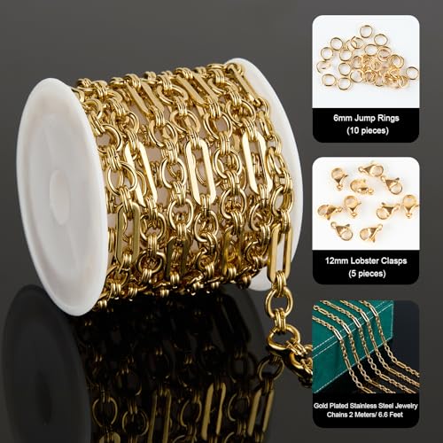 UMAOKANG Gold Plated Stainless Steel Paperclip Chain for Jewelry Making | 2 Meters PVD Gold Plating Jewelry Making Chains Bulk Necklace Bracelet DIY Supplies Findings - color: Paperclip (Gold)