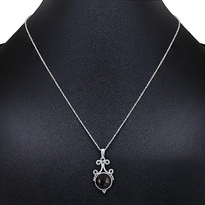 Natural Round Gemstone Pendant Necklace for Women, 925 Sterling Silver | Solitaire Birthstone Jewelry With 18 Inch Chain, Handmade Semi Precious Stone Pendant, Jewelry Gift for Mom, Wife & Sister - color: Black Onyx