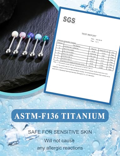14G Astm F136 Titanium Tongue Rings Piercing Jewelry 14 Gauge Internal Thread Straight Barbell Opal Tongue Rings Piercing Jewlery for Women Men White Pink Purple Blue Green 16MM Bar Length - color: Purple