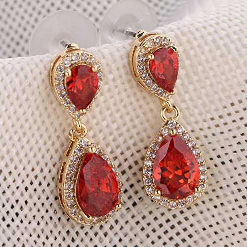 Pave Teardrop Earrings for Wedding Sterling Silver Double Pear Shaped CZ Cubic Zirconia Crystal Rhinestone Birthstone Dangle Earrings Bridal Jewelry for Bride Bridesmaids - color: Stunning Ruby