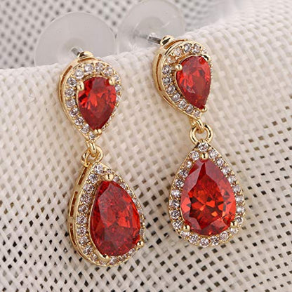 Pave Teardrop Earrings for Wedding Sterling Silver Double Pear Shaped CZ Cubic Zirconia Crystal Rhinestone Birthstone Dangle Earrings Bridal Jewelry for Bride Bridesmaids - color: Stunning Ruby