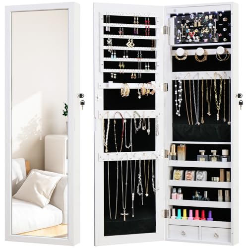 Jewelry Armoire Door Wall Mounted Mirror with Storage And Drawers | 47.3"LED Jewelry Cabinet with Mirror with Storage And Drawers White - color: Off White, size: 47.3*14.6