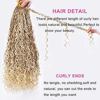 Unionbeauty 18 Inch Boho Box Braids Crochet Hair Pre-looped 8 PCS Goddess Box Braids Crochet Hair Curly Ends Mix Blonde Bohemian Hippie Crochet Braids Synthetic Braiding Hair for Black Woman M27/613# - color: M27/613, size: 18 Inch (Pack of 8)