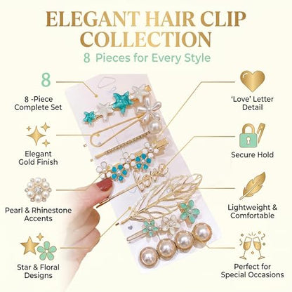 8PCS Pearl Hair Clips Hand-Woven Hair Accessories Kit for Girls and Young Ladies, Practical Items for Women on Holidays (Gold & Blue Mixed 8Pcs) - color: Gold & Blue Mixed 8Pcs