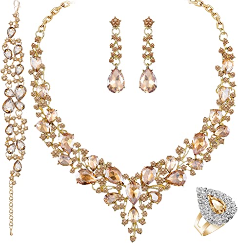 Paxuan Crystal Bridal Wedding Jewelry Sets for Women Rhinestone Teardrop Crystal Statement Choker Necklace Drop Earrings Link Bracelets Rings Teardrop Jewelry Set for Brides Bridesmaids - color: Champagne