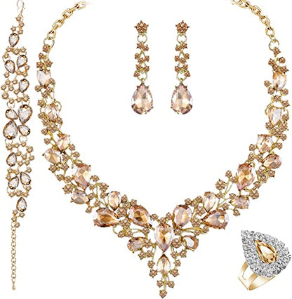 Paxuan Crystal Bridal Wedding Jewelry Sets for Women Rhinestone Teardrop Crystal Statement Choker Necklace Drop Earrings Link Bracelets Rings Teardrop Jewelry Set for Brides Bridesmaids - color: Champagne