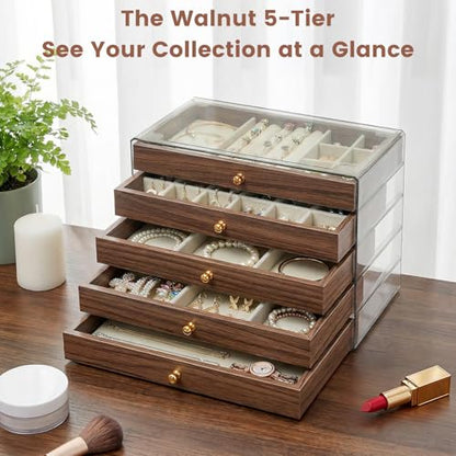 Wooden Jewelry Box for Women, 5-Layer Jewelry Organizers and Storage with 5 Drawers & Velvet Trays, Large Earring Holder, Necklace Ring Travel Case, Gift Box for Drawer, Wood - size: 5-Layer