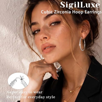 2MM S925 Sterling Silver Post Cubic Zirconia Hoop Earrings Hypoallergenic | 14K Gold Plated - color: Silver-50MM