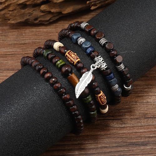 Mens Beaded Bracelets Tribal Wooden Elastic Adjustable Prayer Beads Wrap Cuff for Women - color: C: 5pcs